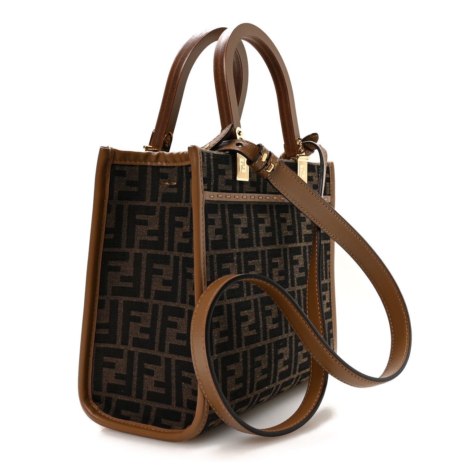 Fabric Jacquard FF 1974 Logo Small Fendi Sunshine Shopper Tote Tobacco Moro Sand - Image 3