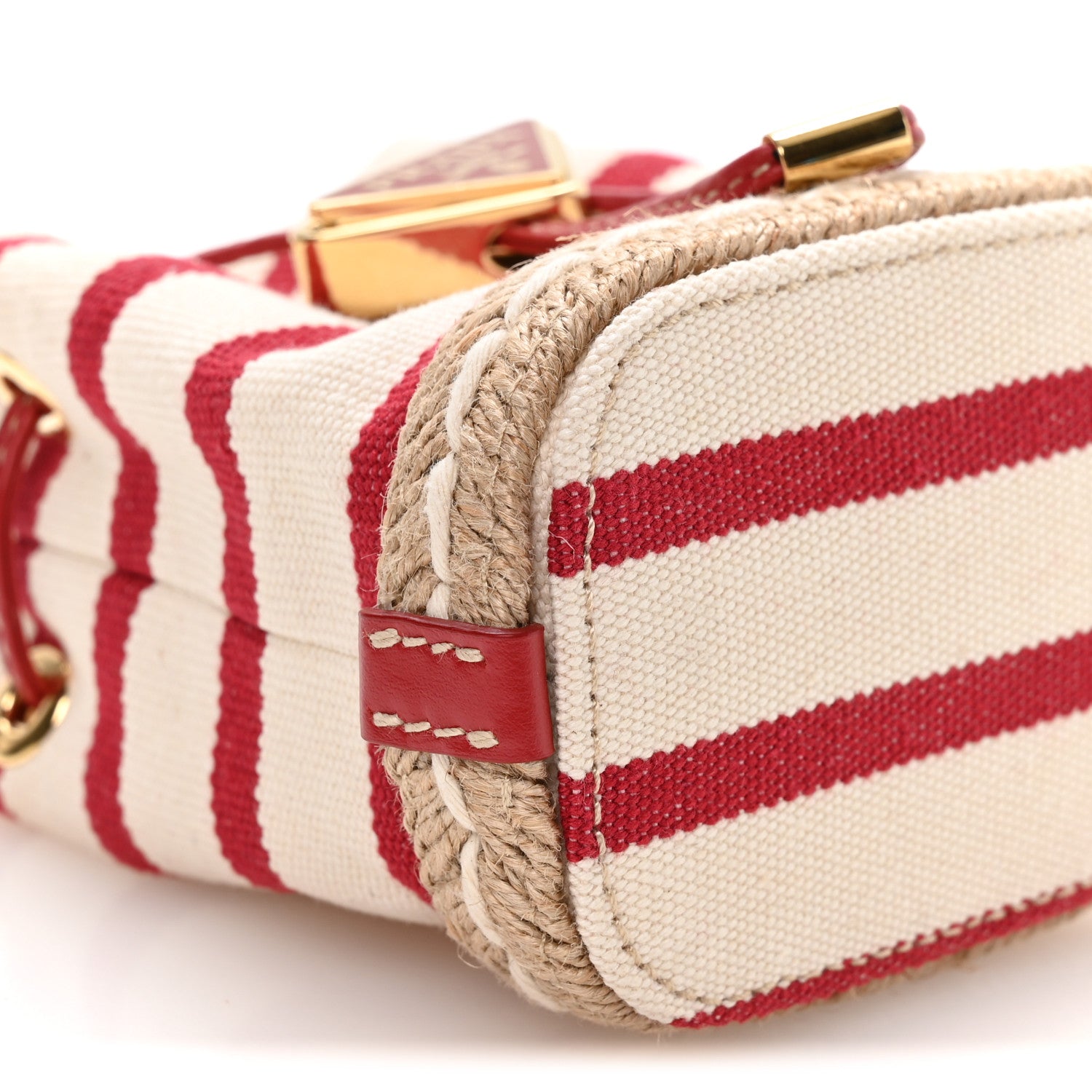 Canvas Stripe Metal Triangle Logo Mini Drawcord Pouch Shoulder Bag Avorio Rosso - 图片 9