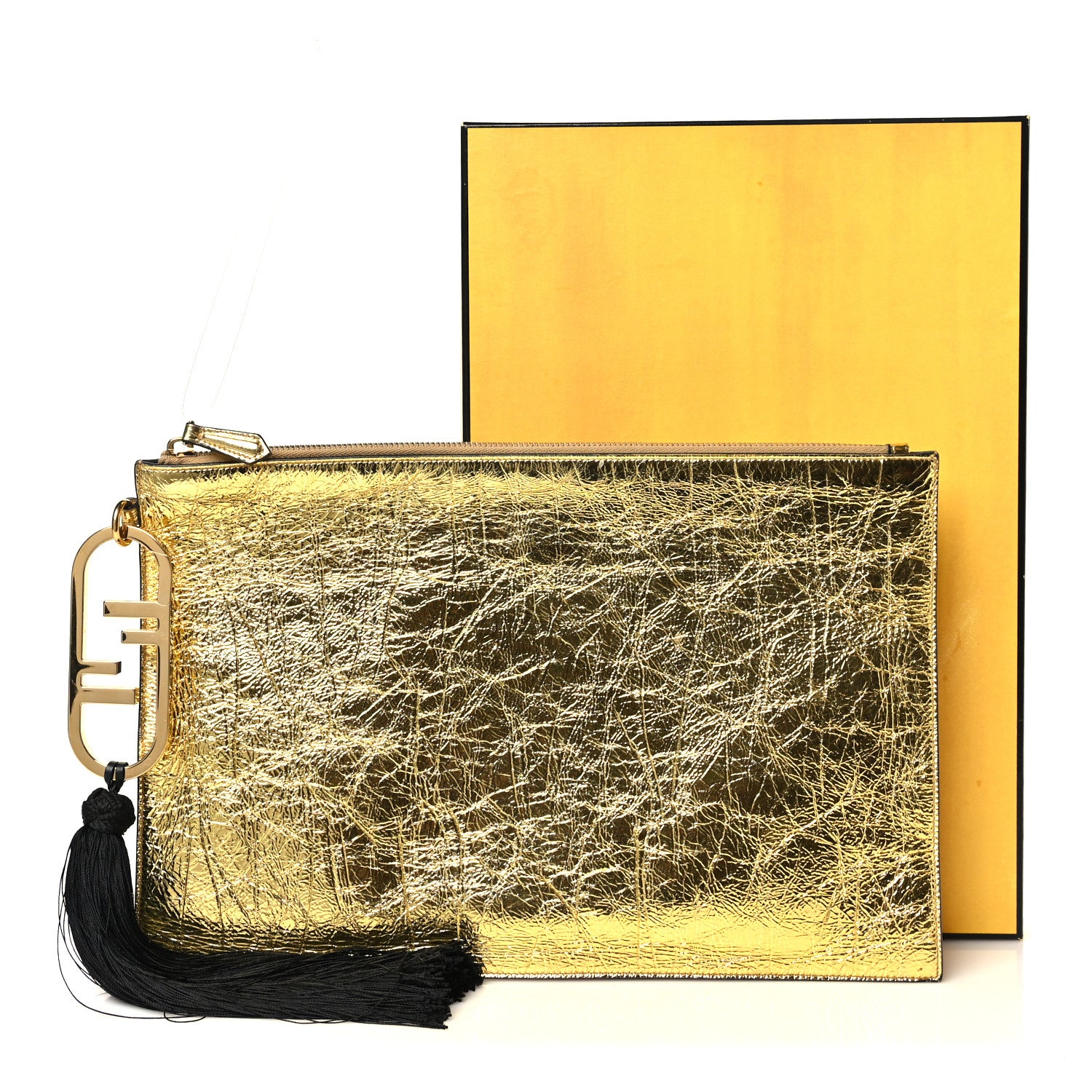 Laminated Craquele Lambskin Large Flat Pouch Gold - Image 8