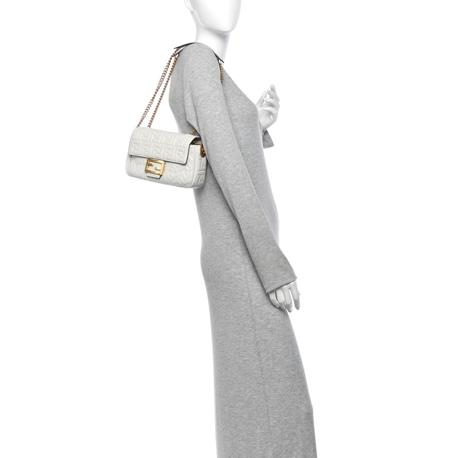 Nappa Small FF Embossed Midi Chain Baguette White - Image 2