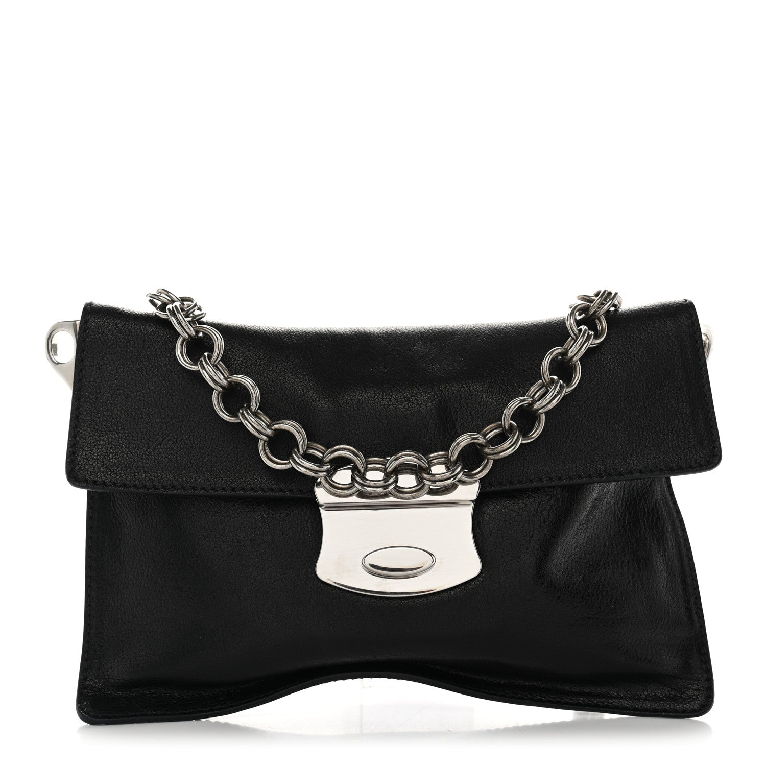 Glace Calf Pushlock Chain Shoulder Bag Black