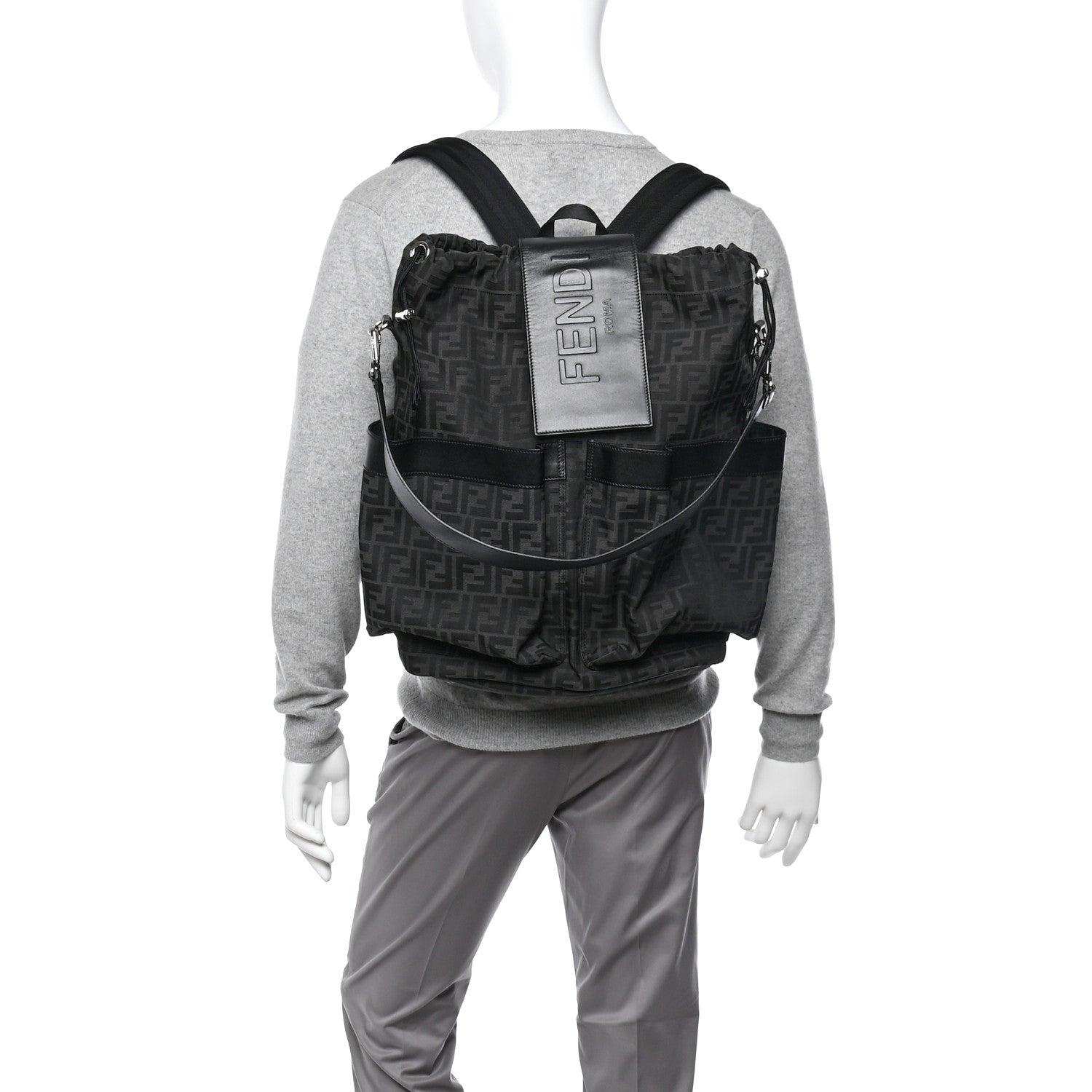 Recycled Fabric Jacquard Vitello Grace FF 1974 Large Fendi Strike Backpack Asfalto - Image 2