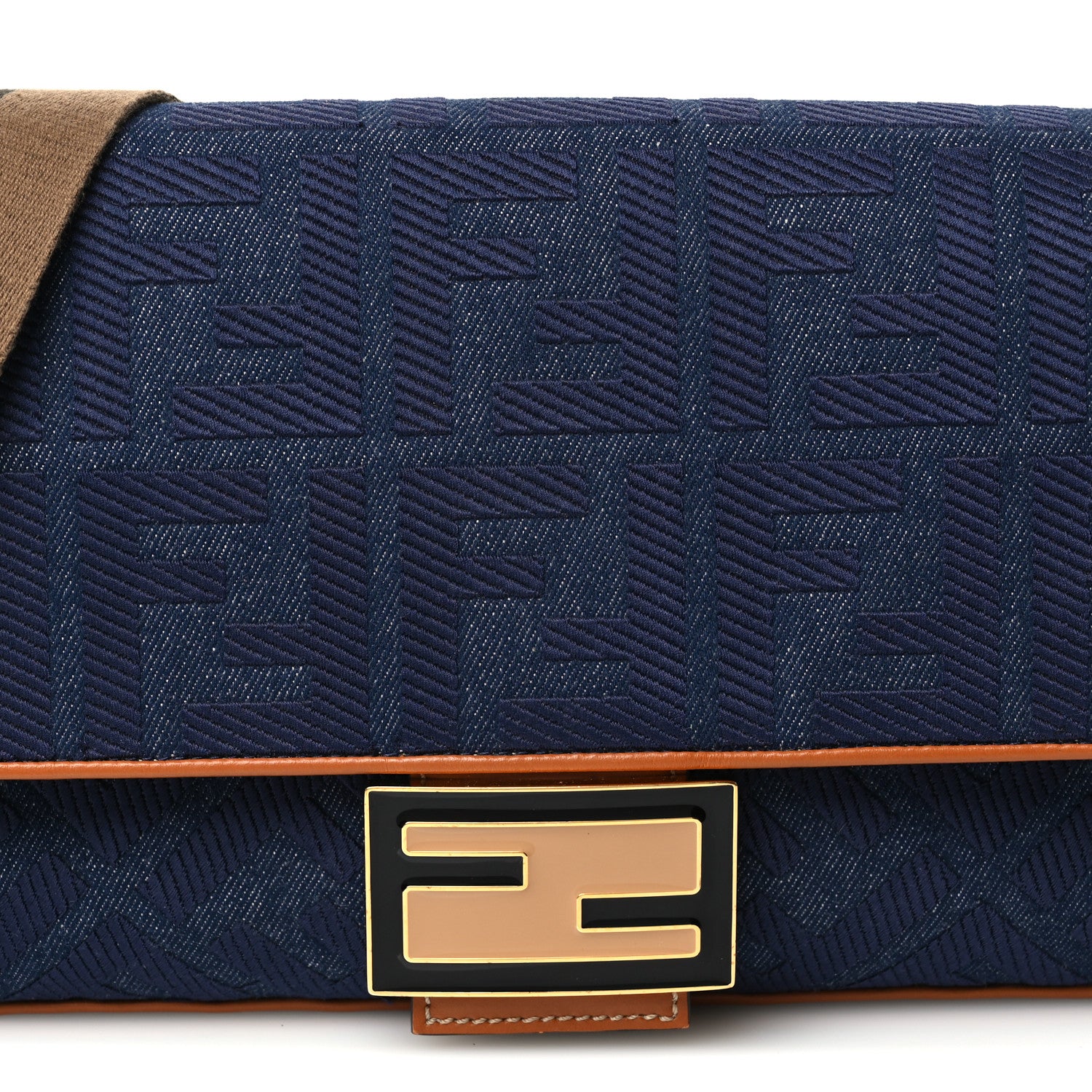 Denim Vitello King FF Embroidered Large Baguette Blue Cuoio - Image 10