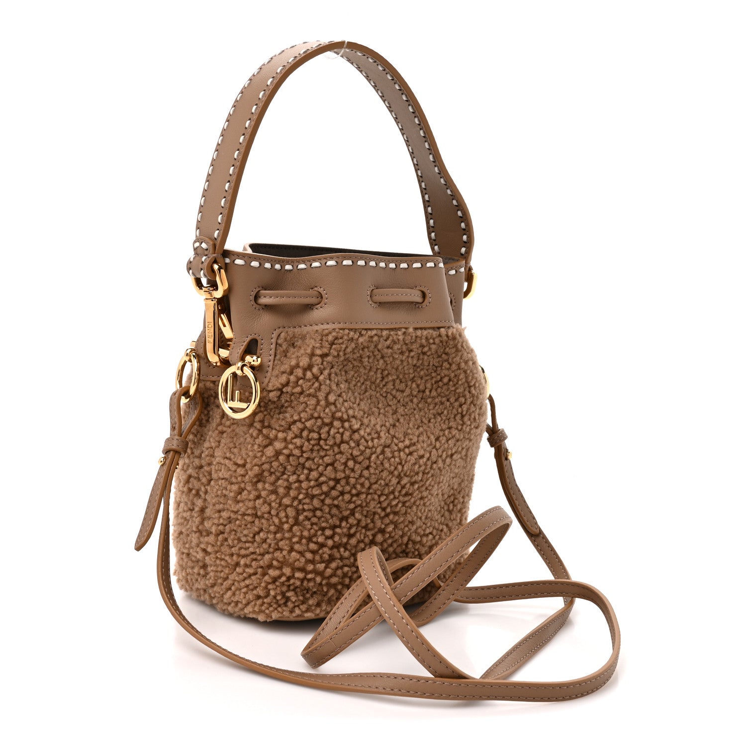 Shearling F is Fendi Macro FF 1974 Diagonal Mini Mon Tresor Bucket Bag Grace Camel - Image 3