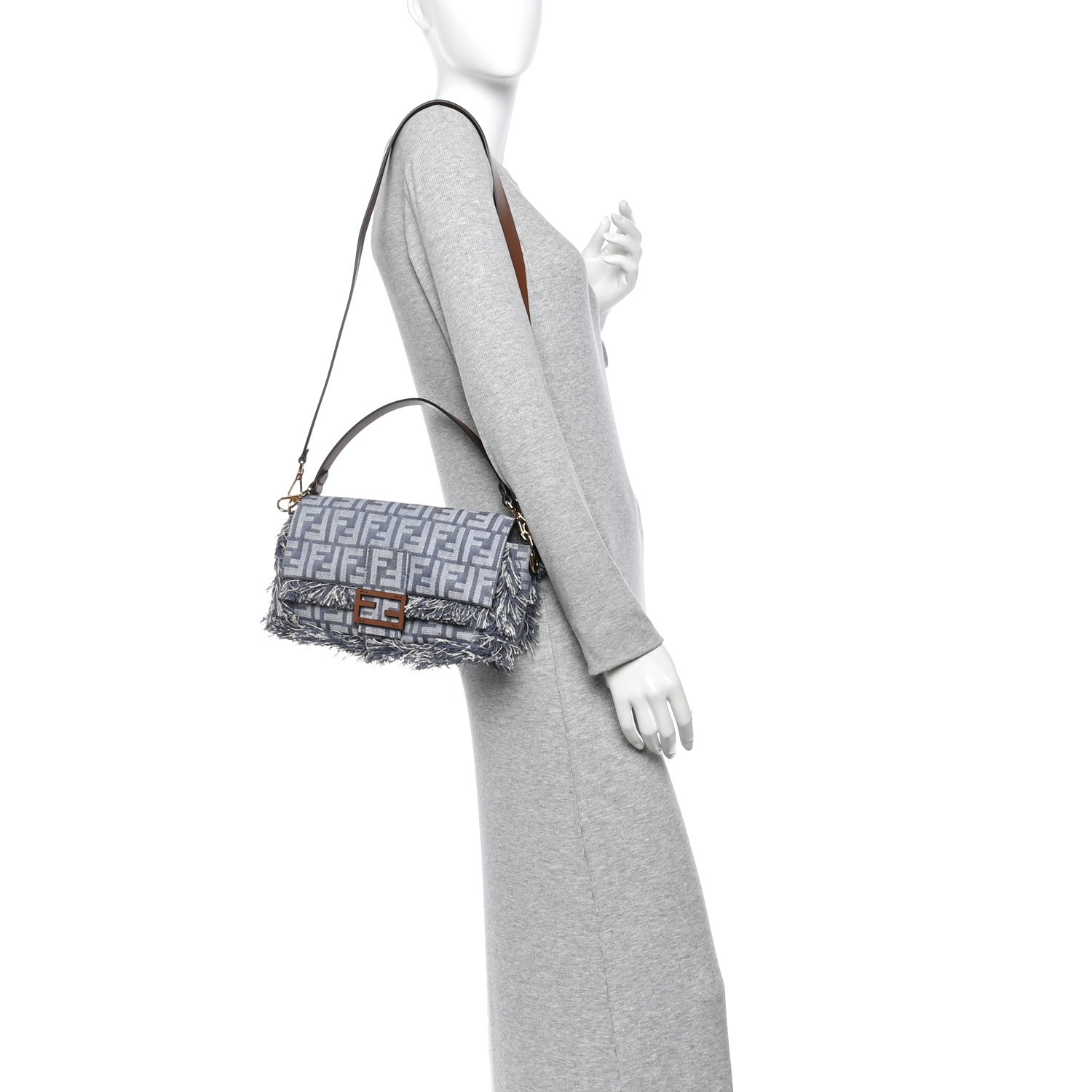 Denim Vitello King Fringe FF Embroidered Baguette Denim Myrtle Dark Nut - Image 2