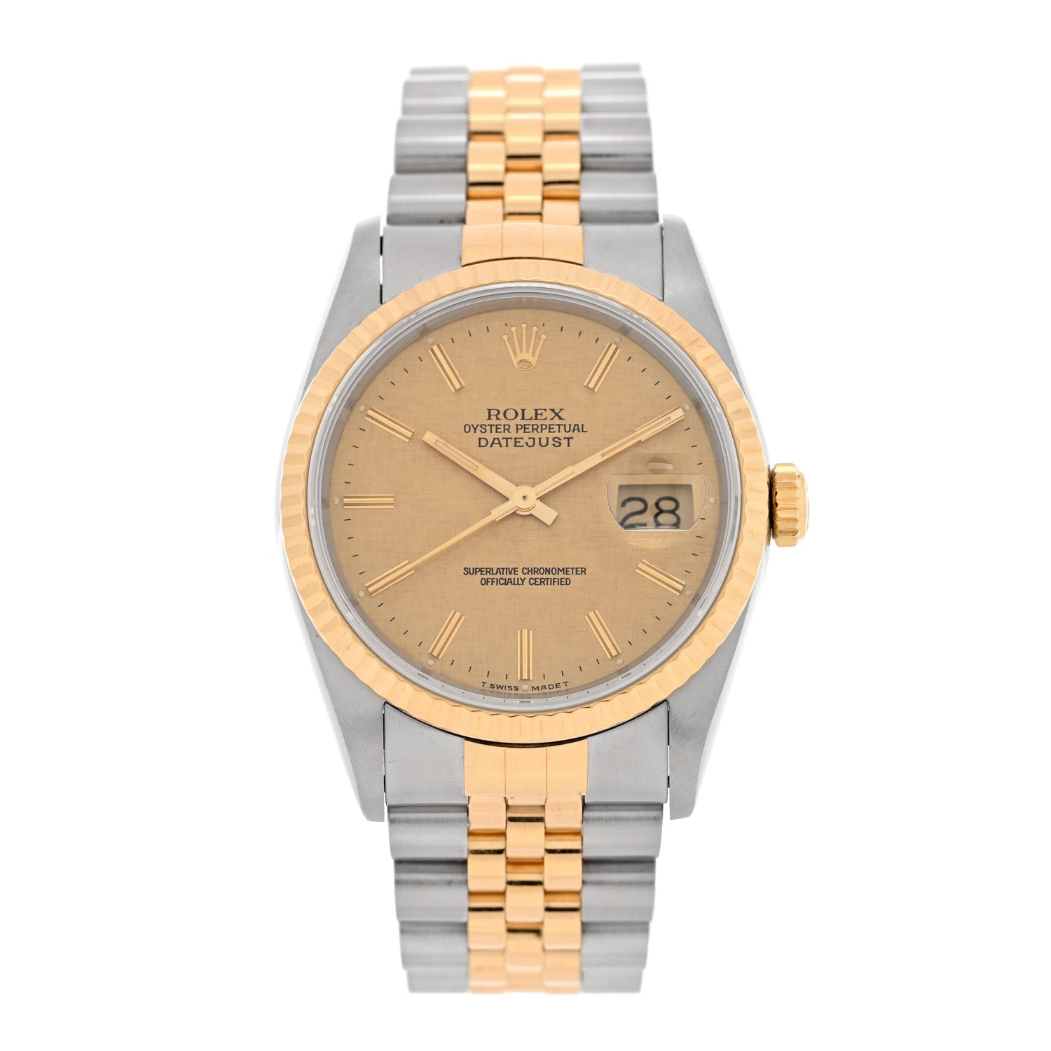 Stainless Steel 18K Yellow Gold 36mm Oyster Perpetual Datejust Watch Champagne Linen 16233