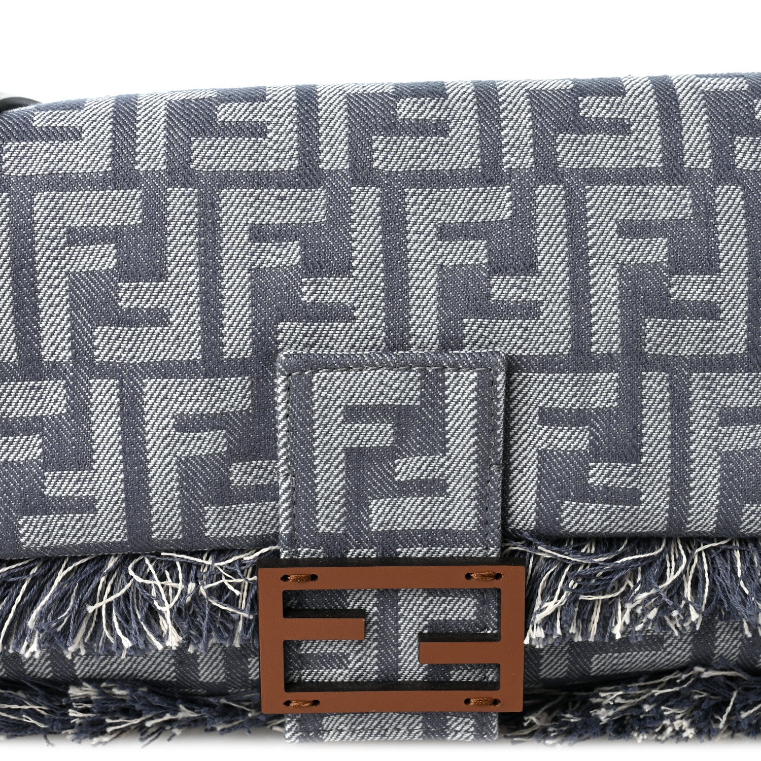 Denim Vitello King Fringe FF Embroidered Baguette Denim Myrtle Dark Nut - Image 10