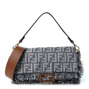 Denim Vitello King Fringe FF Embroidered Baguette Denim Myrtle Dark Nut
