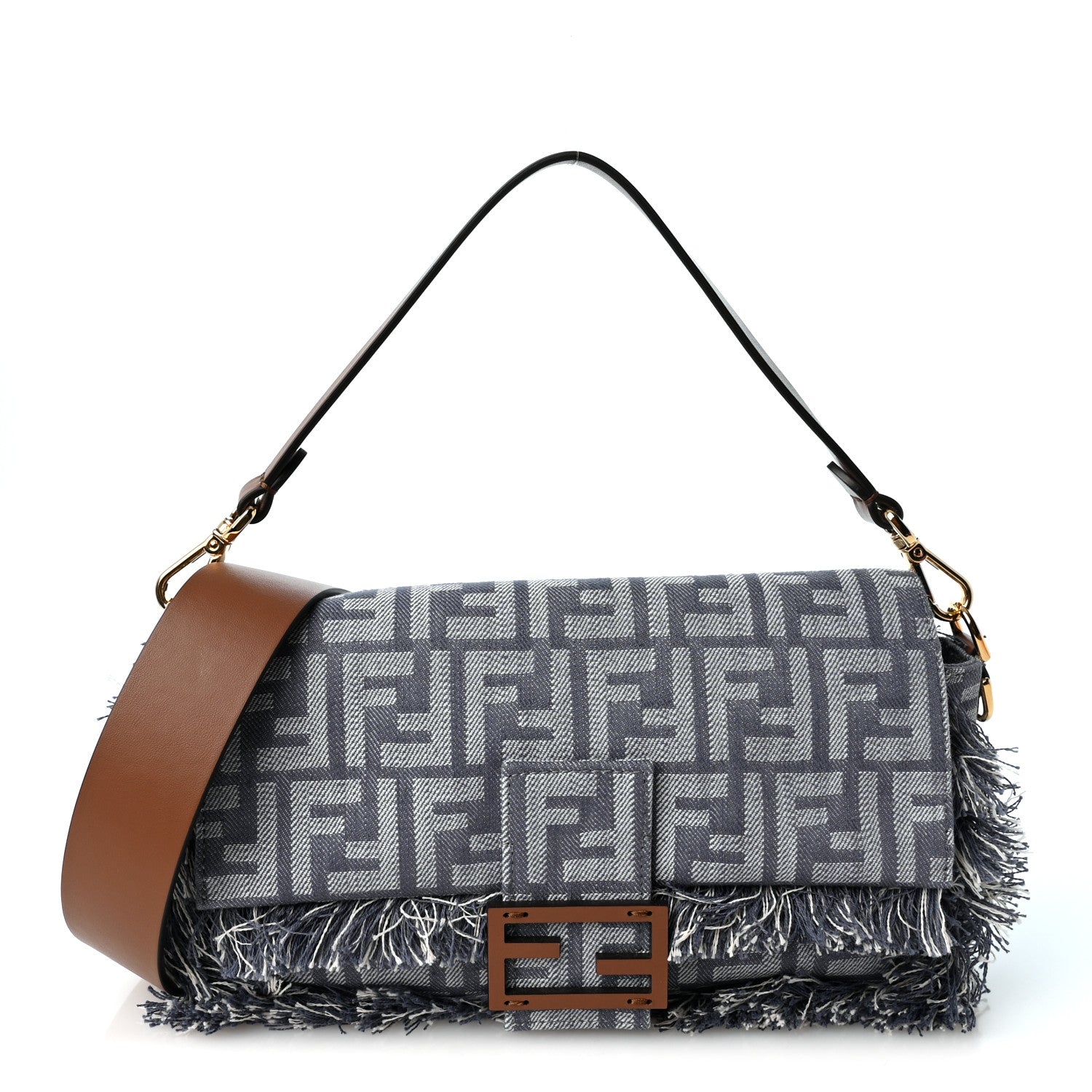 Denim Vitello King Fringe FF Embroidered Baguette Denim Myrtle Dark Nut
