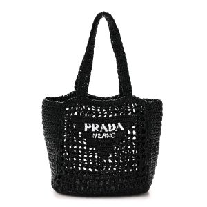 Yarn Raffia Effect Crochet Logo Embroidered Small Tote Bag Black