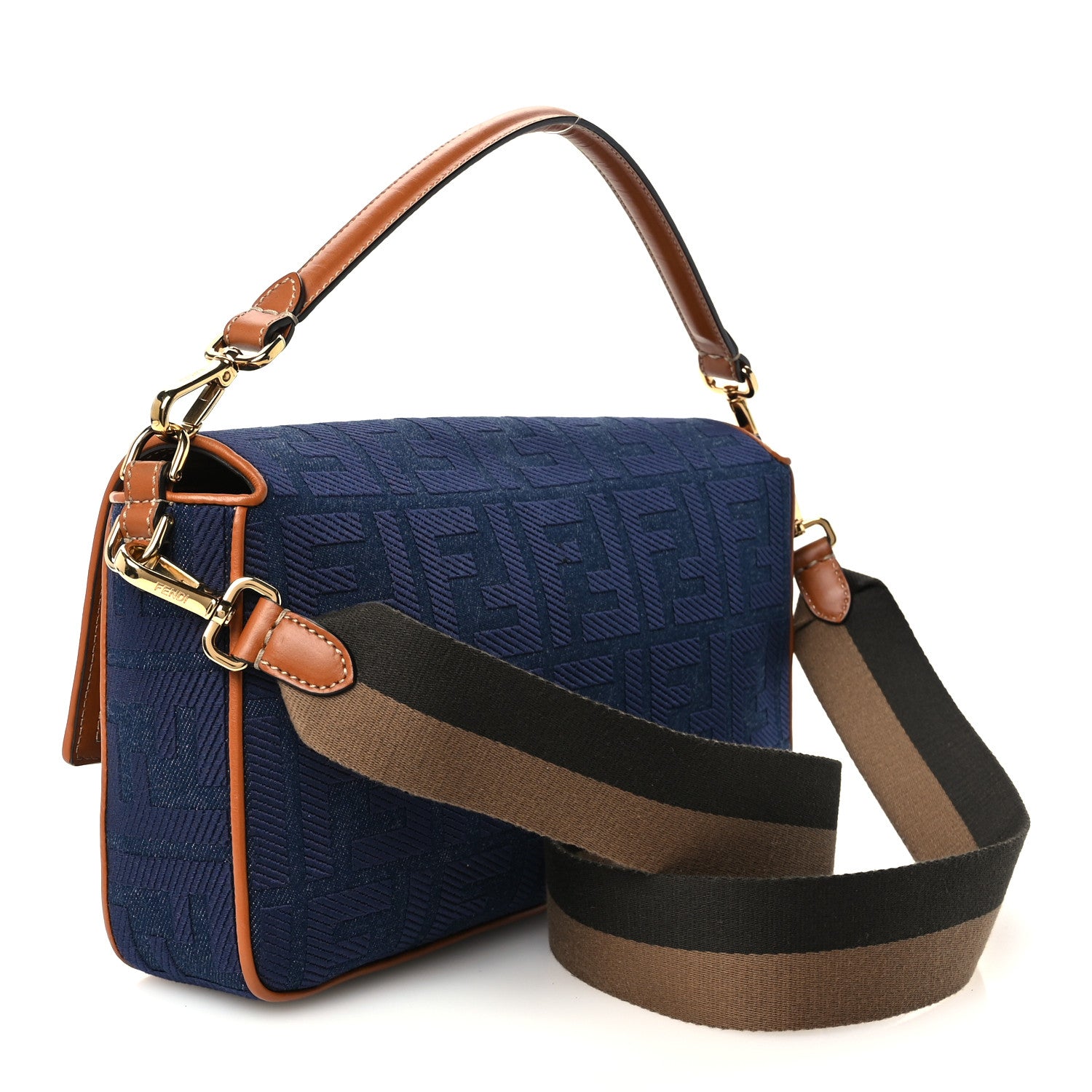 Denim Vitello King FF Embroidered Large Baguette Blue Cuoio - Image 3