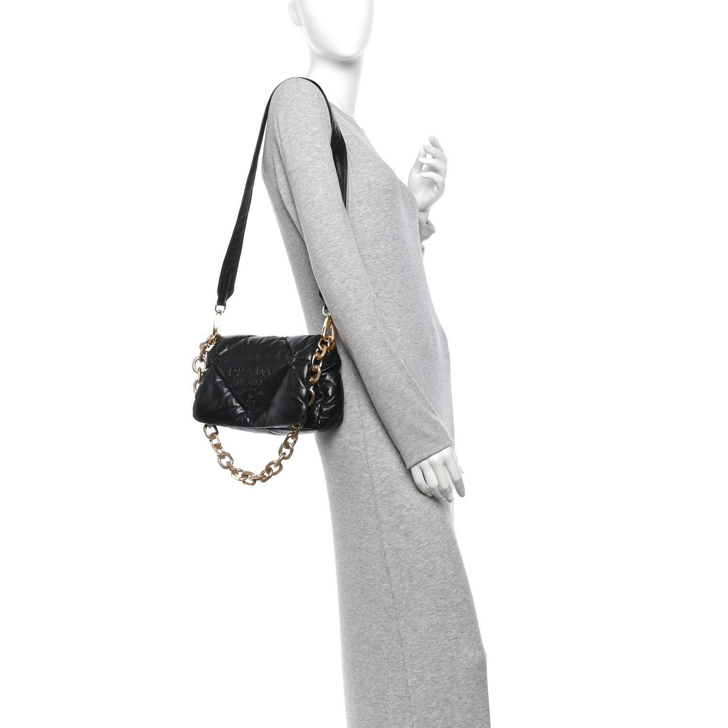 Nappa Soft Padded Logo Embossed Triangle Quilted Small Shoulder Bag Black - Image 2