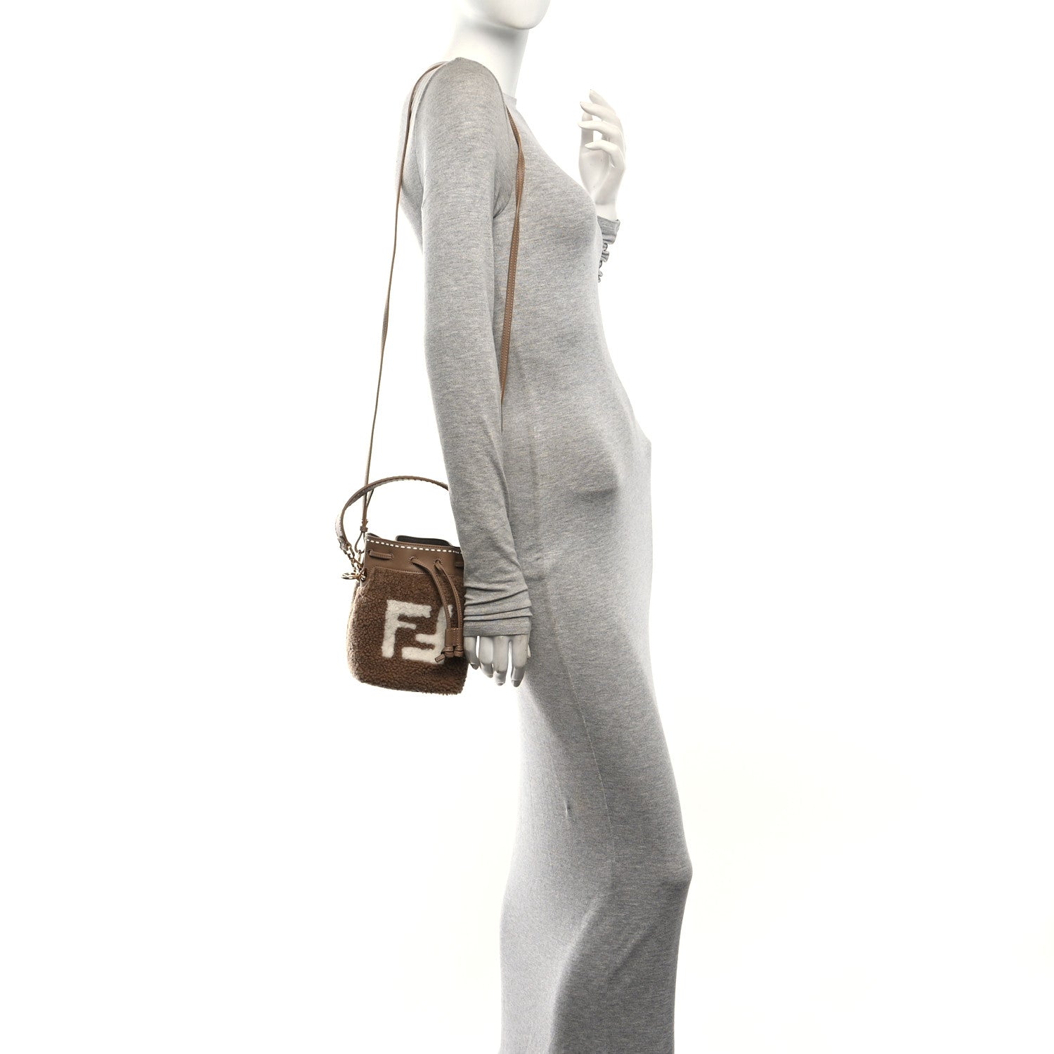 Shearling F is Fendi Macro FF 1974 Diagonal Mini Mon Tresor Bucket Bag Grace Camel - Image 2