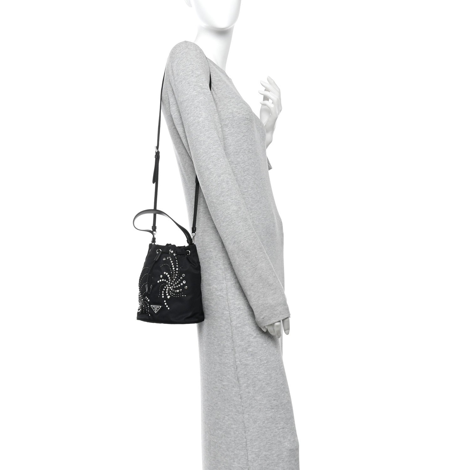 Tessuto Saffiano Ricamo Sequin Crystal Embellished Mini Re-Edition 1978 Bucket Bag Black - Image 2