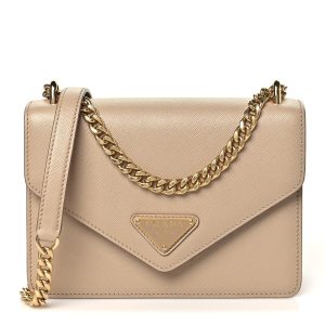 Saffiano Soft Calfskin Metal Triangle Logo Envelope Chain Shoulder Bag Cammeo
