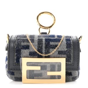Fabric Vitello Jacquard FF Nano Maxi Buckle Baguette Charm Blue Grey