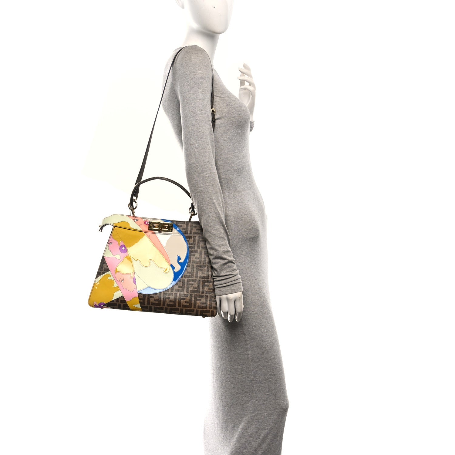 Glazed Fabric Vitello FF 1974 Hairdo Girls Inlay Medium Peekaboo Iconic Satchel Mogano Panna Multicolor - Image 2