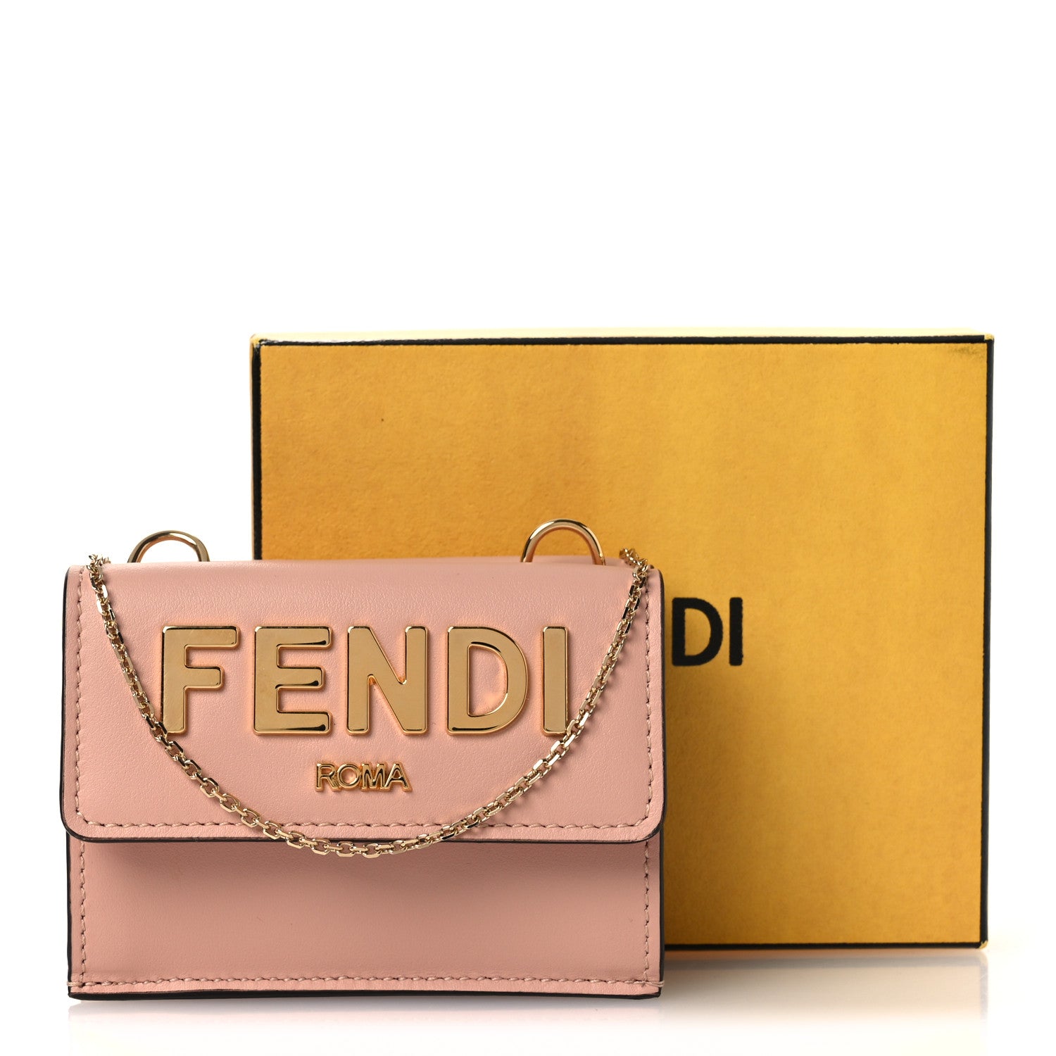 Vitello Kyoto Metal Fendi Roma Logo Micro Trifold Wallet with Chain Light Rose - Image 13
