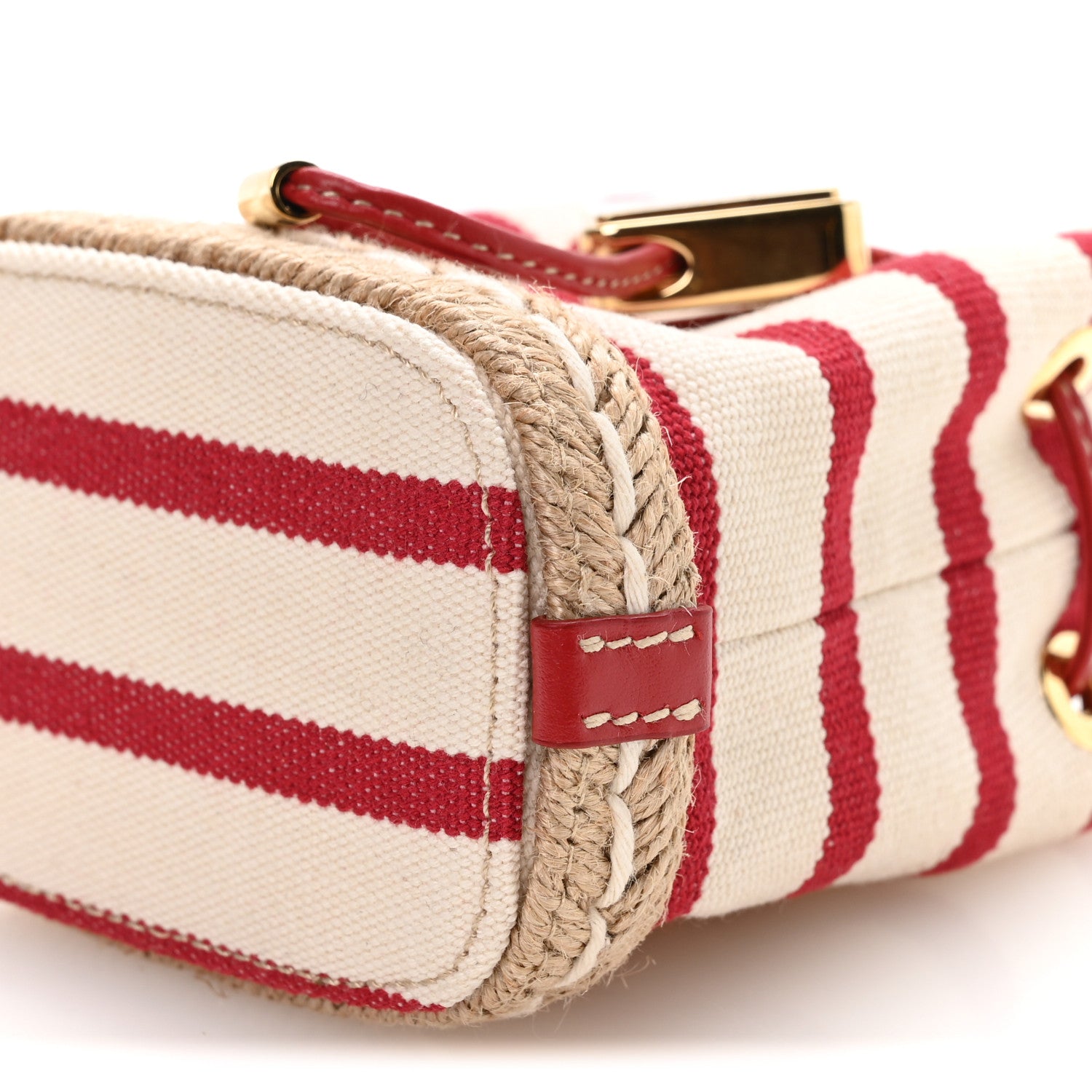 Canvas Stripe Metal Triangle Logo Mini Drawcord Pouch Shoulder Bag Avorio Rosso - 图片 10