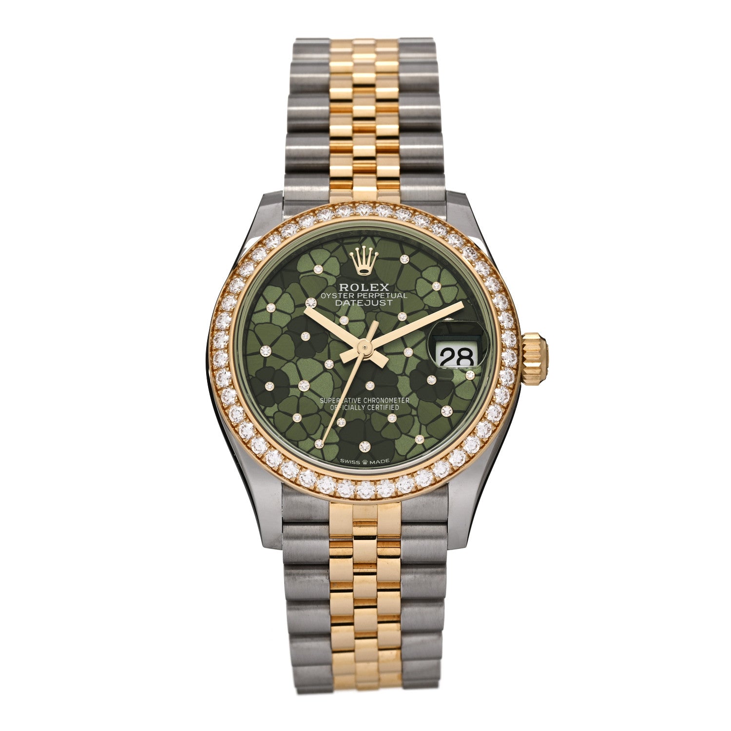 Stainless Steel 18K Yellow Gold Diamond Bezel 31mm Oyster Perpetual Datejust Watch Green Floral 278383RBR