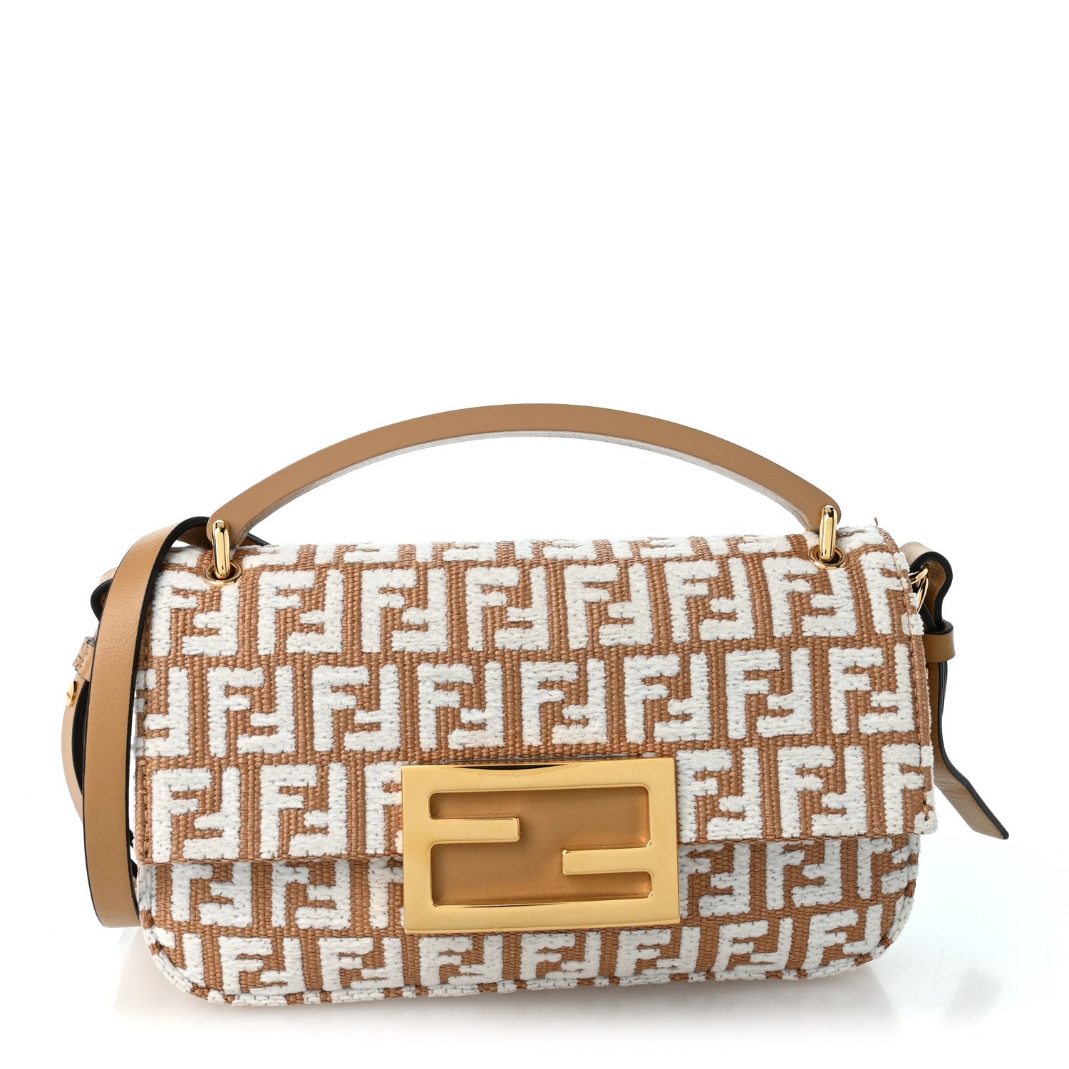 Raffia Chenille Vitello FF Phone Baguette Naturale White