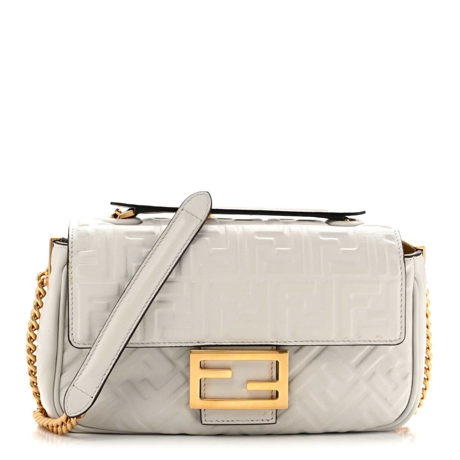 Nappa Small FF Embossed Midi Chain Baguette White