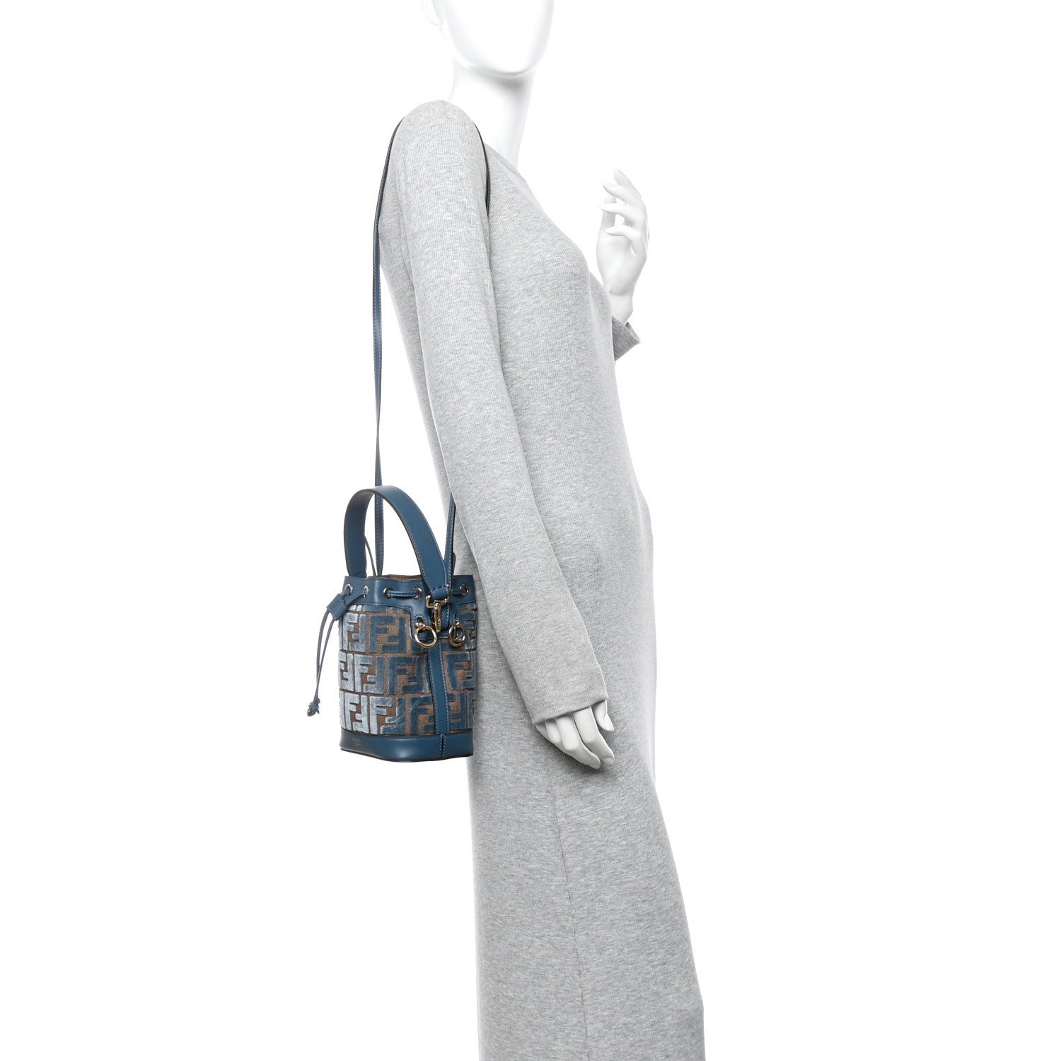 Vitello Grace Velluto FF Mini Mon Tresor Bucket Bag Dusty Blue Brown - Image 2