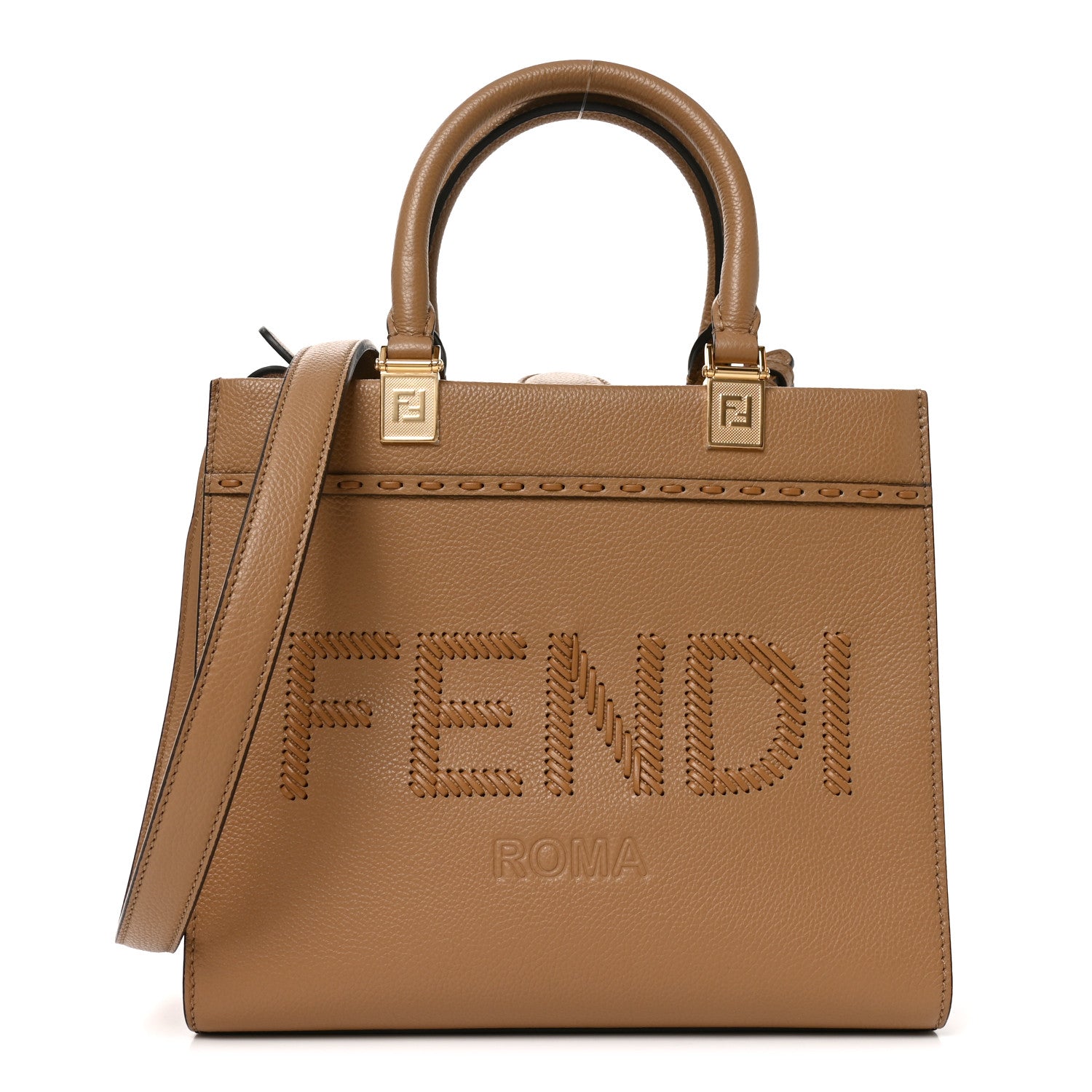 Vitello Santa Barbara Woven Logo Small Fendi Sunshine Shopper Tote Cappucino Cappucino