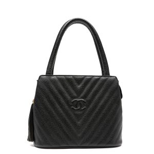 Chanel 1992 Top-Handle CC V-stitch Black Caviar w/Gold Hardware Tassel