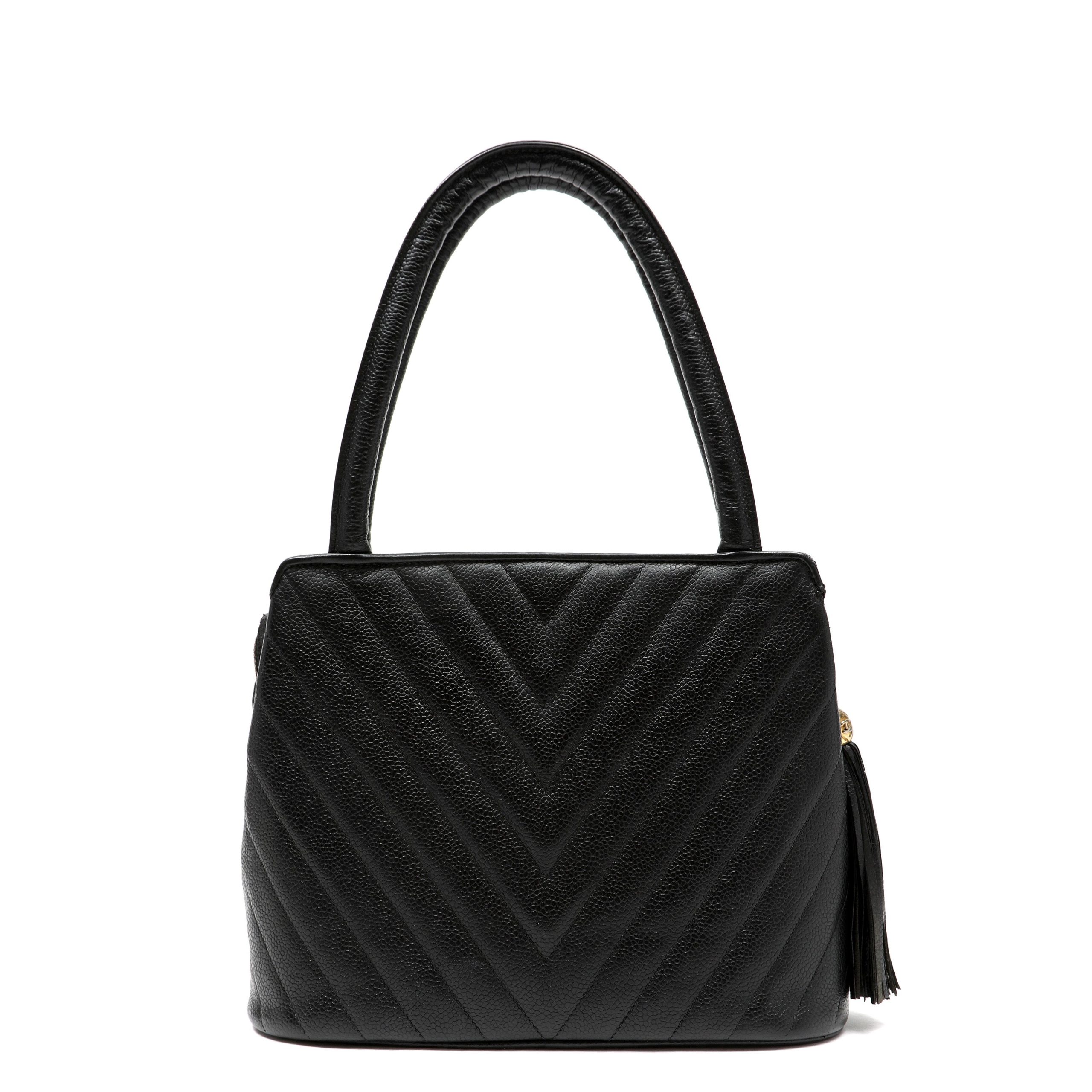 Chanel 1992 Top-Handle CC V-stitch Black Caviar w/Gold Hardware Tassel - 图片 5
