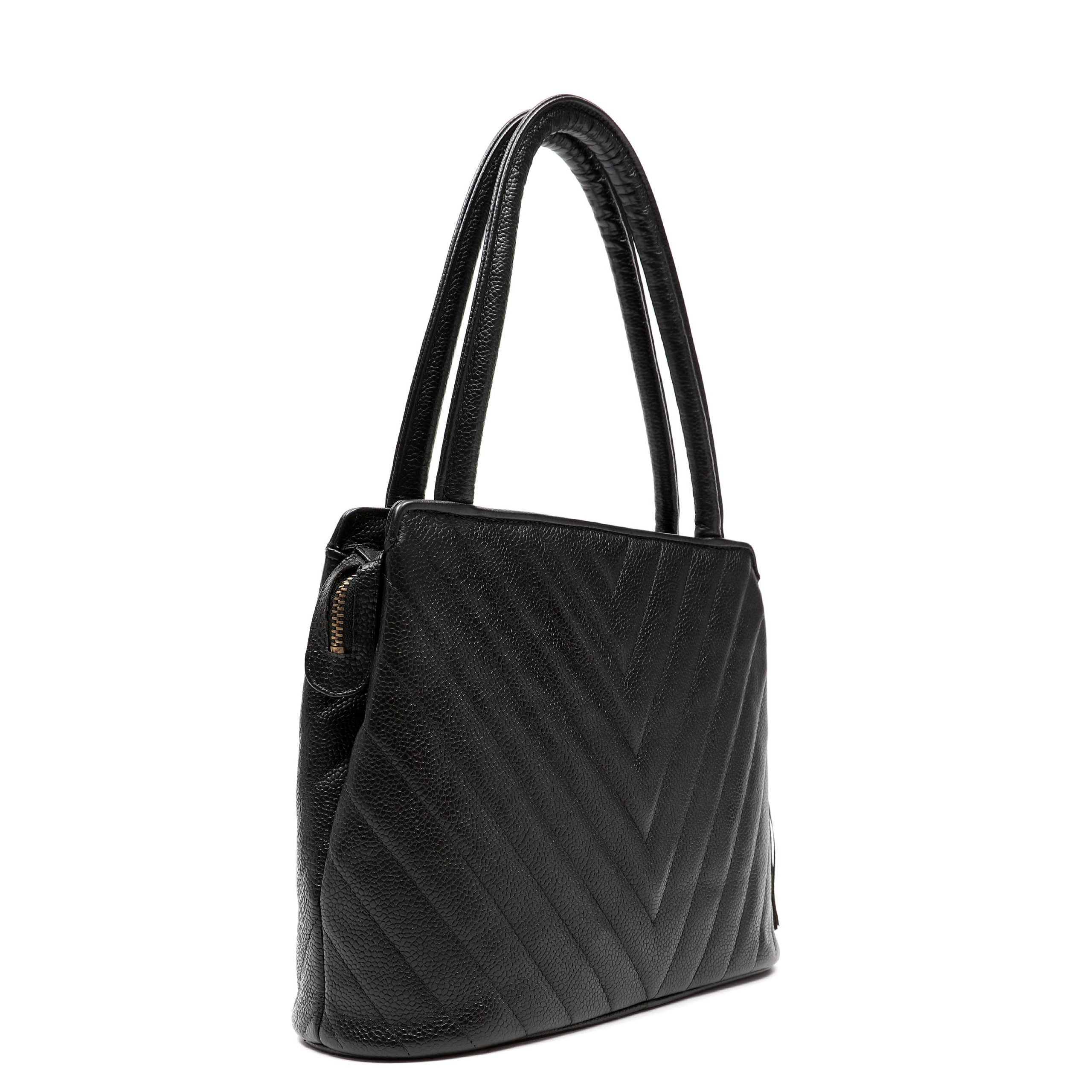 Chanel 1992 Top-Handle CC V-stitch Black Caviar w/Gold Hardware Tassel - 图片 4