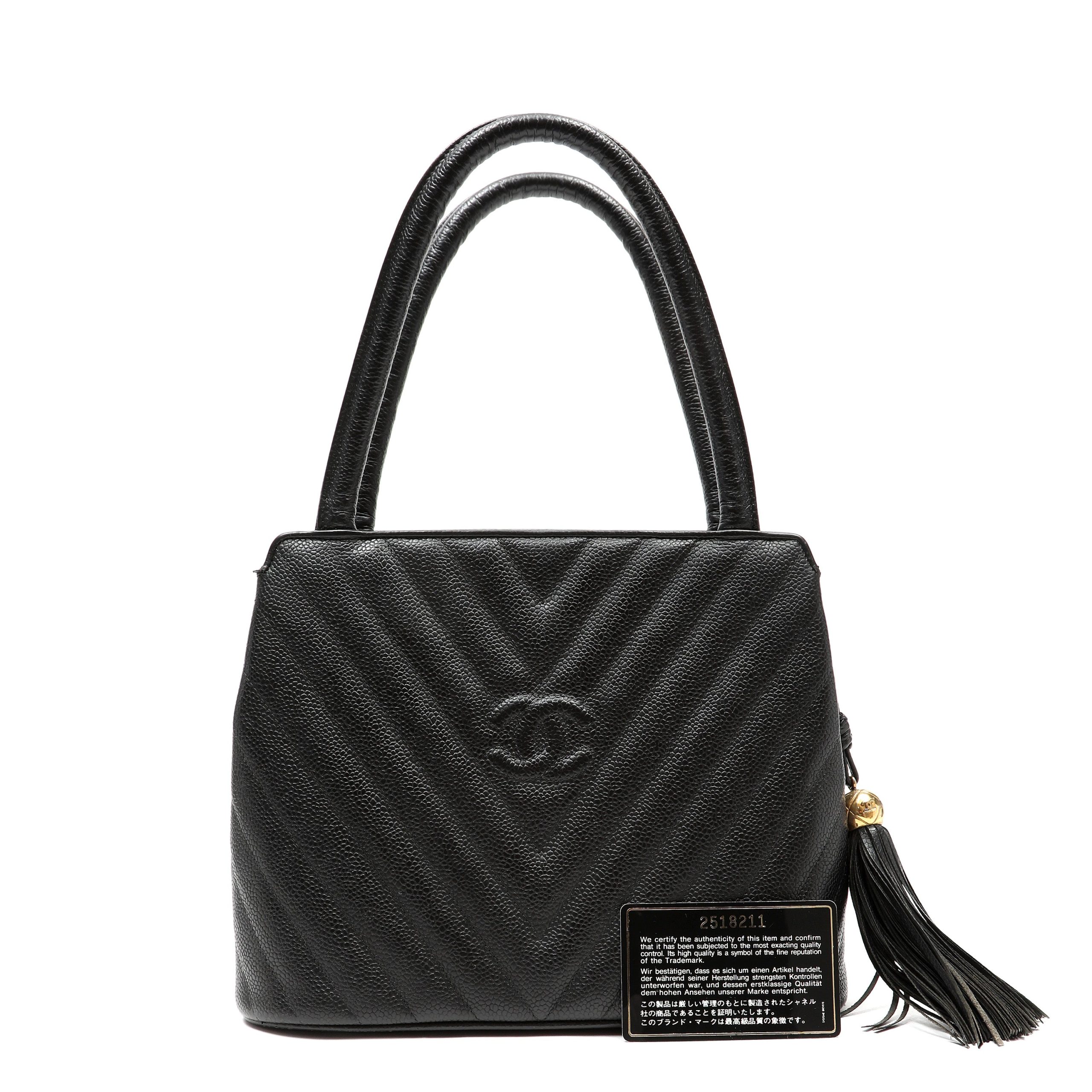 Chanel 1992 Top-Handle CC V-stitch Black Caviar w/Gold Hardware Tassel - 图片 2