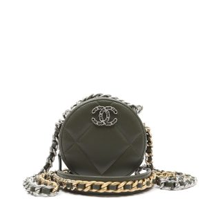 Chanel 19 Round Clutch Olive Green Quilted Lambskin Leather w/Gold and Silver Hardware
