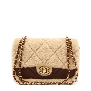 Chanel Med Flap Bag Beige Quilted Teddy Shearling Brown Lambskin w/Brushed Gold Hardware