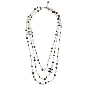 Chanel Black and White Faux Pearl Bead CC Long Necklace