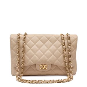 Chanel Classic Single Flap Jumbo Beige Caviar w/Silver Hardware