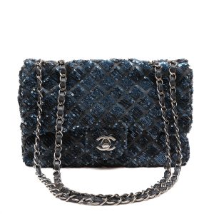 Chanel Classic Single Flap Bag Quilted Navy Blue Sequins w/Silver Hardware