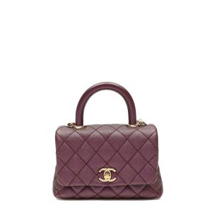 Chanel Mini Coco Handle Bag Burgundy Quilted Caviar Leather w/Gold Hardware