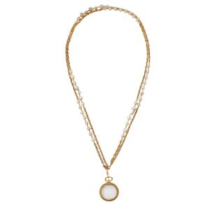 Chanel Pearl Double-Chain Necklace Circular Magnifying Glass Pendant