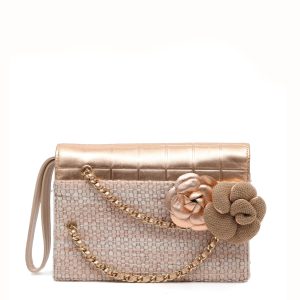 Chanel Flap Bag Tweed and Pink Metallic Leather w/Camellia Details and Gold Hardware