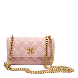 Chanel Small Flap Phone Holder Pink Quilted Lambskin w/Camellia Chain Detail and Gold Hardware