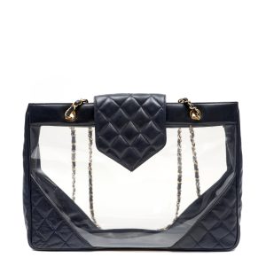 Chanel Vintage Tote Bag Transparent Panel and Navy Blue Quilted Calfskin w/Gold Hardware