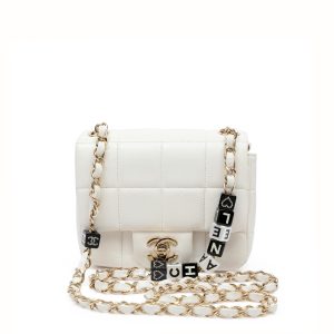 Chanel Mini Flap Chocolate Bar White w/Gold Hardware and Logo Dice Chain Strap