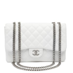 Chanel Jumbo Classic Flap Bag White Caviar w/Bijou Chain and Silver Hardware