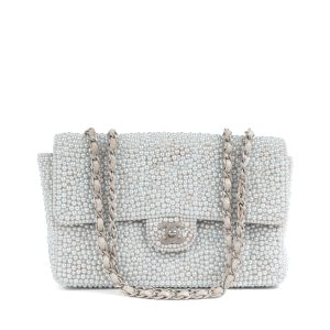 Chanel Med Classic Embellished In White Swarovski Pearls w/Silver Hardware