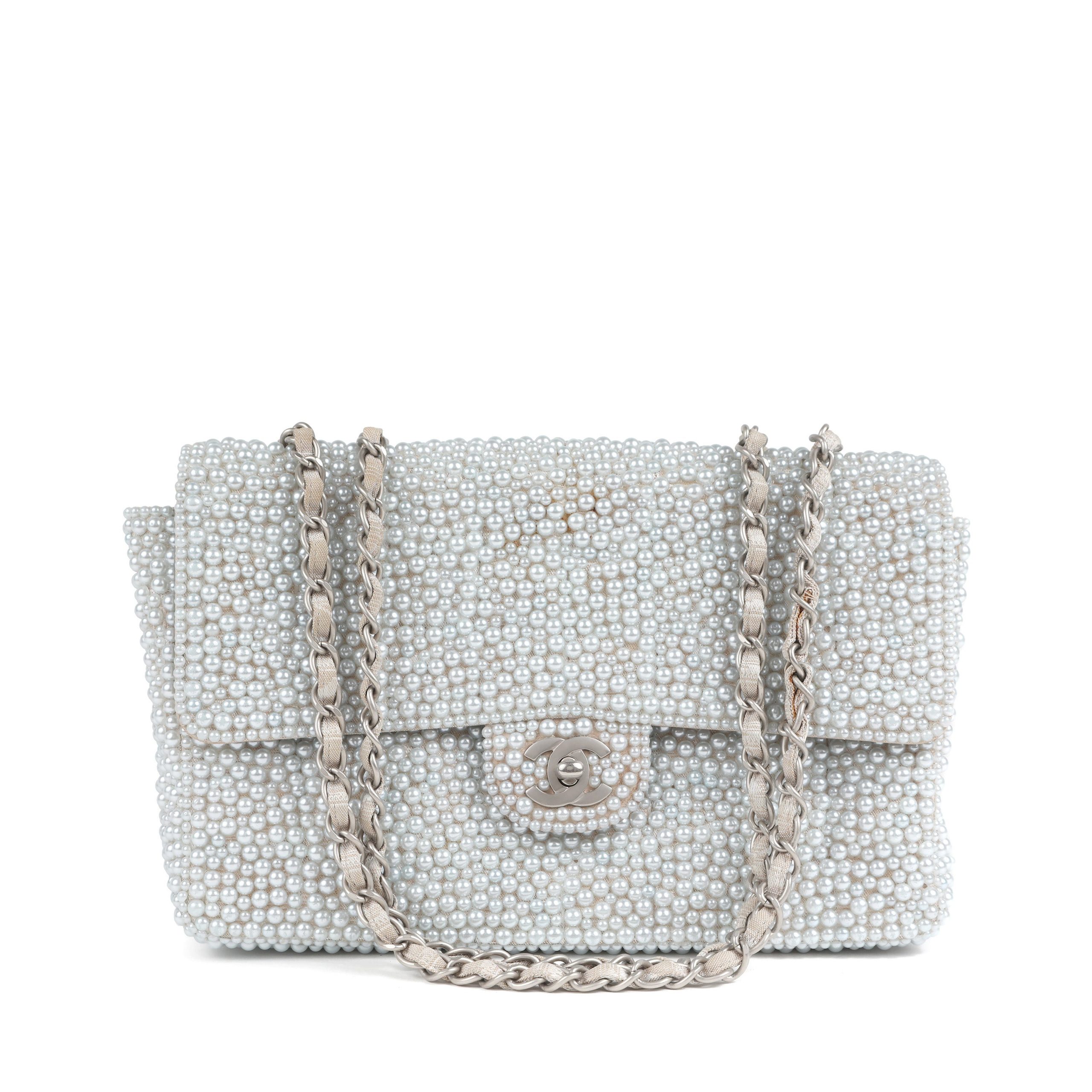 Chanel Med Classic Embellished In White Swarovski Pearls w/Silver Hardware