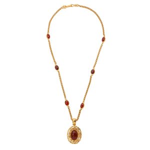 Chanel Vintage Gold Necklace Red Gripoix w/Pendant
