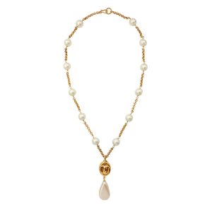 Chanel Vintage Pearl Necklace w/Gold CC Pendant