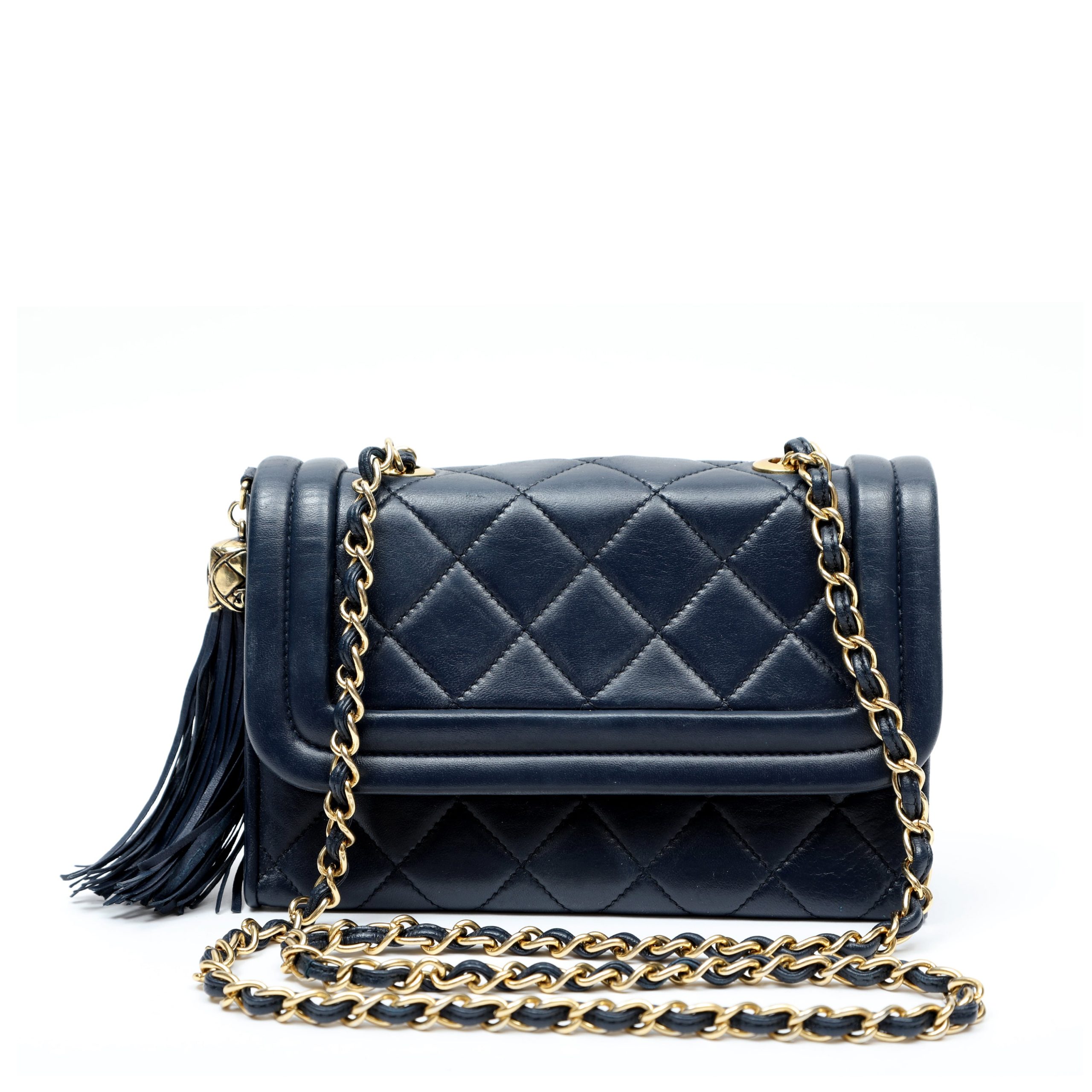 Chanel Vintage Tassel Flap Bag Navy Blue Quilted Calfskin w/Gold Hardware