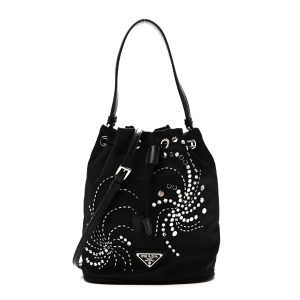 Tessuto Saffiano Ricamo Sequin Crystal Embellished Mini Re-Edition 1978 Bucket Bag Black